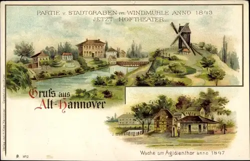 Litho Hannover in Niedersachsen, Partie v. Stadtgraben m. Windmühle, jetzt Hoftheater, Wache