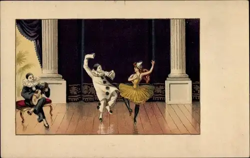 Ak Tanzende Pierrot und Pierrette, Schwarzer Pierrot musiziert