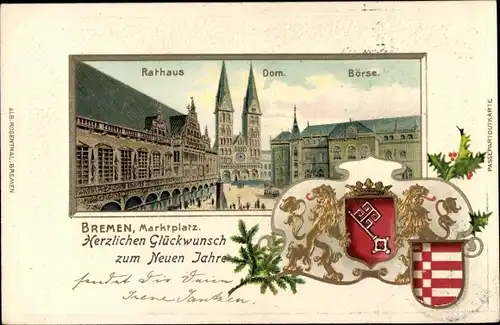 Wappen Passepartout Litho Hansestadt Bremen, Rathaus, Dom, Börse