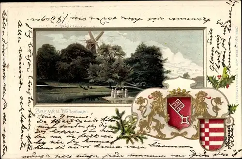 Präge Wappen Litho Hansestadt Bremen, Wallanlagen, Windmühle