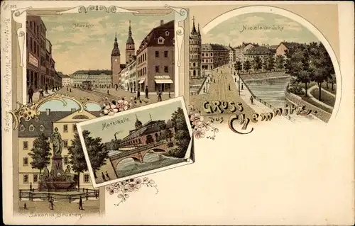 Litho Chemnitz Sachsen, Markt, Nicolaibrücke, Markthalle, Saxonia Brunnen