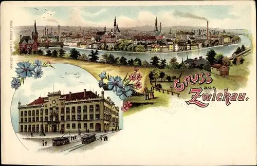 Litho Zwickau in Sachsen, Rathaus, Gesamtansicht