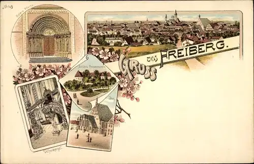 Litho Freiberg in Sachsen, Panorama, Goldene Pforte, Schloss