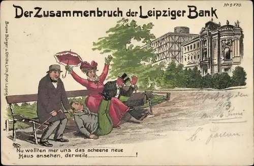 Künstler Litho Leipzig, der Zusammenbruch der Leipziger Bank, Bankgebäude, Sitzbank kracht