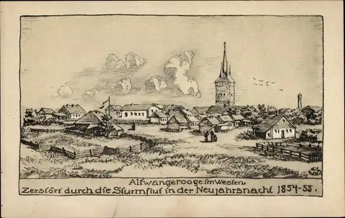 Künstler Ak Altwangerooge Wangerooge, zerstört durch die Sturmflut 1854 - 55