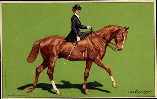 Künstler Ak Correggio, Jos., Dressurreiterin auf einem Pferd