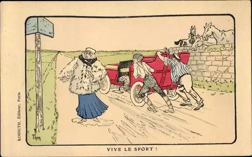 Künstler Ak Vive le Sport, Männer schieben ein Automobil, Frau im Pelz steht daneben, Pferde
