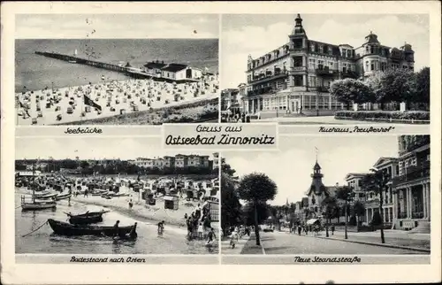 Ak Ostseebad Zinnowitz Usedom, Strandpartie, Seebrücke, Kurhaus Preußenhof, Neue Strandstraße