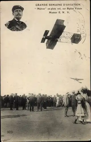 Ak Grande Semaine d'Aviation, Métrot en plein vol, Biplan Voisin, Flugpionier