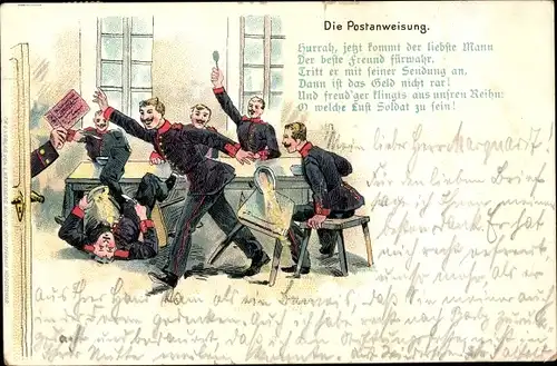 Litho Die Postanweisung, Soldaten erhalten Post, Hurrah, jetzt kommt der liebste Mann...