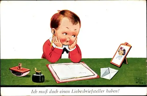 Künstler Ak Wills, J., Verliebter Junge, Liebesbrief, Ich muss doch einen Liebesbriefsteller haben