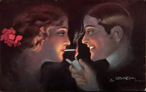 Künstler Ak Usabal, L., Mann zündet Frau eine Zigarette an