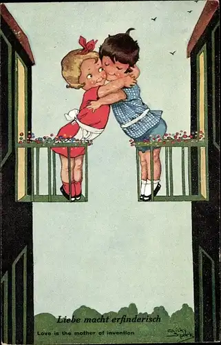 Künstler Ak Spark, Chicky, Liebe macht erfinderisch, Liebespaar, Umarmung am Balkon