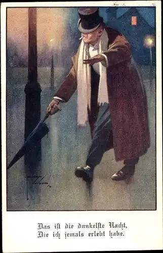 Künstler Ak Wood, L., Mann mit Hut am Gesicht, Regenschirm, Das ist die dunkelste Nacht...