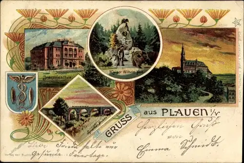 Litho Plauen im Vogtland, Industrieschule, Syratalbrücke, Kaiser Wilhelm Hain, Schloss