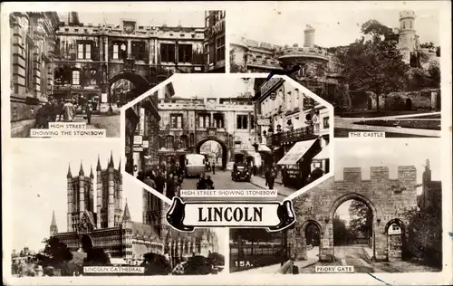 Ak Lincoln Lincolnshire England, High Street, Stonebow, Castle, Cathedral, Priory Gate