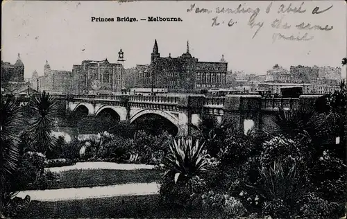 Ak Melbourne Australien, Princes Bridge, Panorama, Brücke, Park