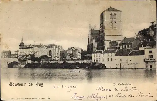 Ak Huy Wallonien Lüttich,, La Collegiale, Wasseransicht, Panorama
