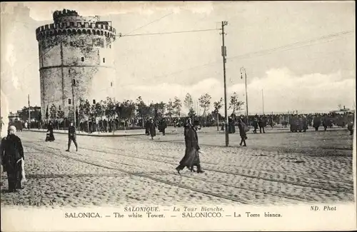 Ak Saloniki Thessaloniki Griechenland, La Tour Blanche, Straßenpartie, Passanten, Turm