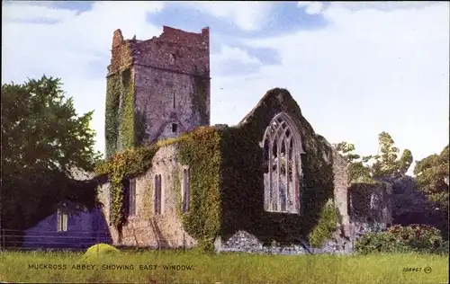 Ak Carrigafreaghane Co. Kerry Irland, Muckross Abbey, showing East Window, Ruine