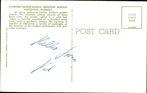 Ak Huntsville Ala., Lacrosse Guided Missile surface to surface artillery, Redstone Arsenal US Army