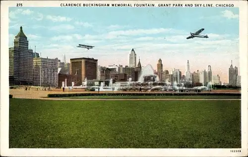 Ak Chicago Illinois USA, Clarence Buckingham Memorial Fountain, Grant Park, Springbrunnen, Flugzeuge