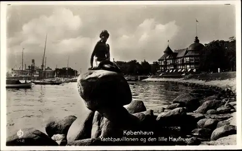 Ak København Kopenhagen Dänemark, Yachtpavillonen og den lile Havfrue, Meerjungfrau, Ufer