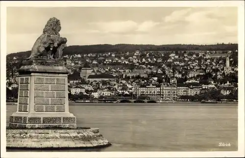 Ak Zürich Stadt Schweiz, Blick von Denkmal und See auf Stadt