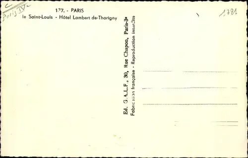 Ak Paris IV, le Saint Louis, Hôtel Lambert de Thorigny