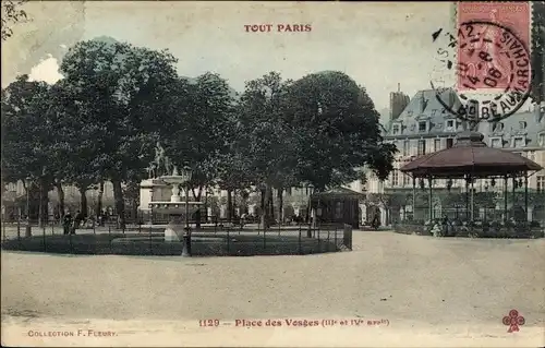 Ak Paris Temple, Place des Vosges, Brunnen, Pavillon