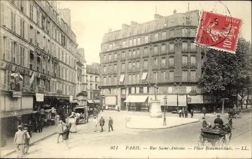 Ak Paris IV, Rue Saint Antoine, Place Beaumarchais