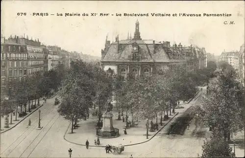 Ak Paris XI, Le Boulevard Voltaire et l'Avenue Parmentier