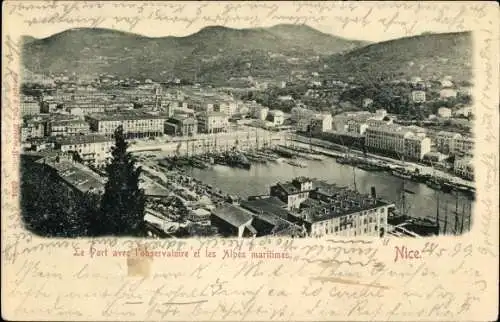 Ak Nice Nizza Alpes Maritimes, Le Port avec l'observatoire et les Alpes Maritimes