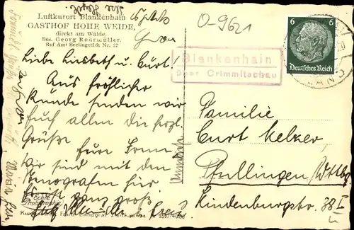 Ak Blankenhain in der Talsenke der Schwarza Thüringen, Gasthof Hohe Weide, Bes. Georg Rohrmüller
