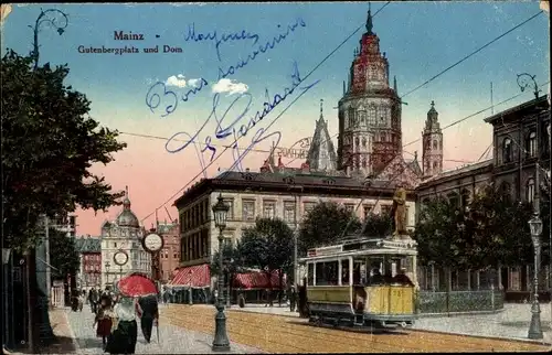 Ak Mainz in Rheinland Pfalz, Partie auf dem Gutenbergplatz und Dom, Straßenbahn 38