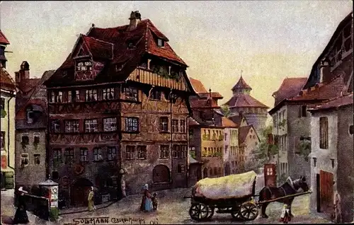 Künstler Ak Sollmann, Nürnberg Mittelfranken, Blick auf das Albrecht Dürerhaus, Kutsche