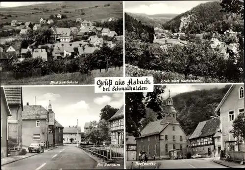 Ak Asbach SchmalkaldenThüringer Wald, Blick zum Hachelstein, Dorfpartie, Konsum, Blick zur Schule