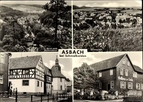 Ak Asbach Schmalkalden im Thüringer Wald, Gasthaus zur Linde, Panorama, Talstraße mit Kirchturm,