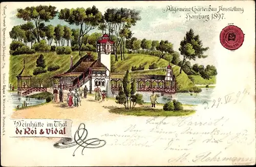 Litho Hamburg, Allg. Gartenbau Ausstellung 1897, Weinhütte im Tal, de Roi & Vidal