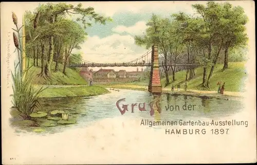 Litho Hamburg Mitte Altstadt, Gartenbauausstellung 1897, Partie an der Elbe, Brücke