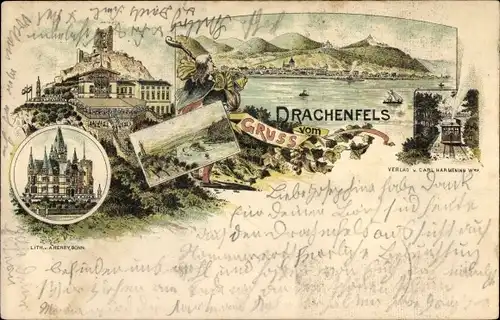 Litho Königswinter am Rhein, Drachenfels, Drachenburg, Zahnradbahn