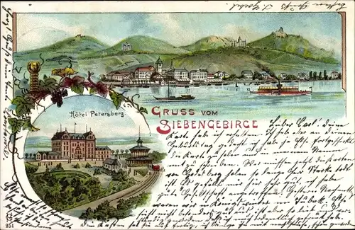 Litho Königswinter am Rhein, Hotel Petersberg, Flusspartie mit Blick auf den Ort, Dampfer