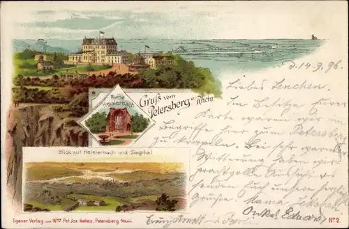 Litho Königswinter am Rhein, Ruine Heisterbach, Hotel auf dem Petersberg