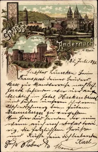 Litho Andernach am Rhein, Blick auf den Ort, Schlossruine