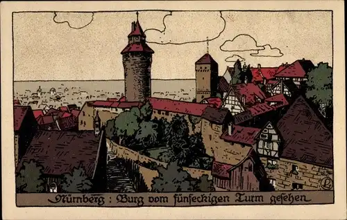 Steindruck Ak Nürnberg in Mittelfranken Bayern, Burg vom fünfeckigen Turm gesehen