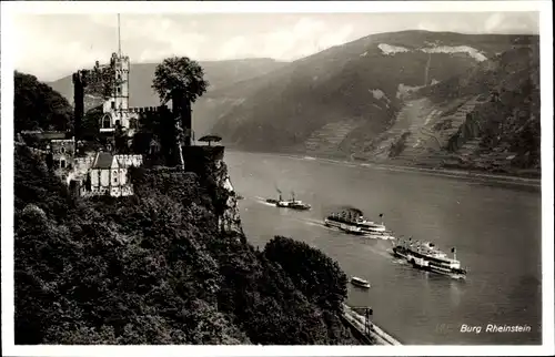 Ak Trechtingshausen am Rhein, Burg Rheinstein, Partie am Rhein, Dampfer