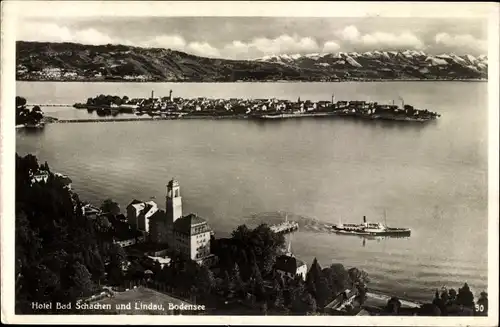 Ak Bad Schachen Lindau am Bodensee Schwaben, Hotel Bad Schachen, Panorama, Dampfer