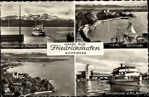 Ak Friedrichshafen am Bodensee, Hafeneinfahrt, Uferstraße, Hafenbahnhof, M.S. Austria, Schloß