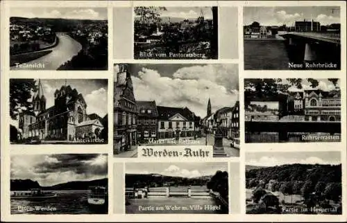 Ak Werden Essen Ruhrgebiet, Neue Ruhrbrücke, Abteikirche, Markt, Rathaus, Ruhrterassen, Villa Hügel