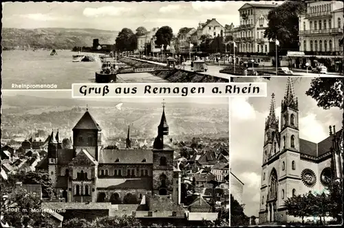 Ak Remagen am Rhein, Rheinpromenade, Stadt mit Marienkirche
